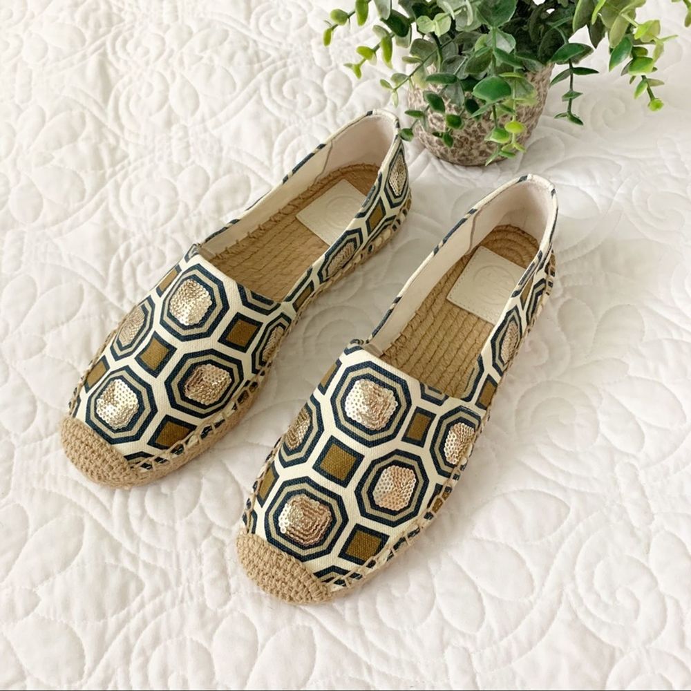Tory Burch Geometric Espadrilles in Black, Gold, and Cream